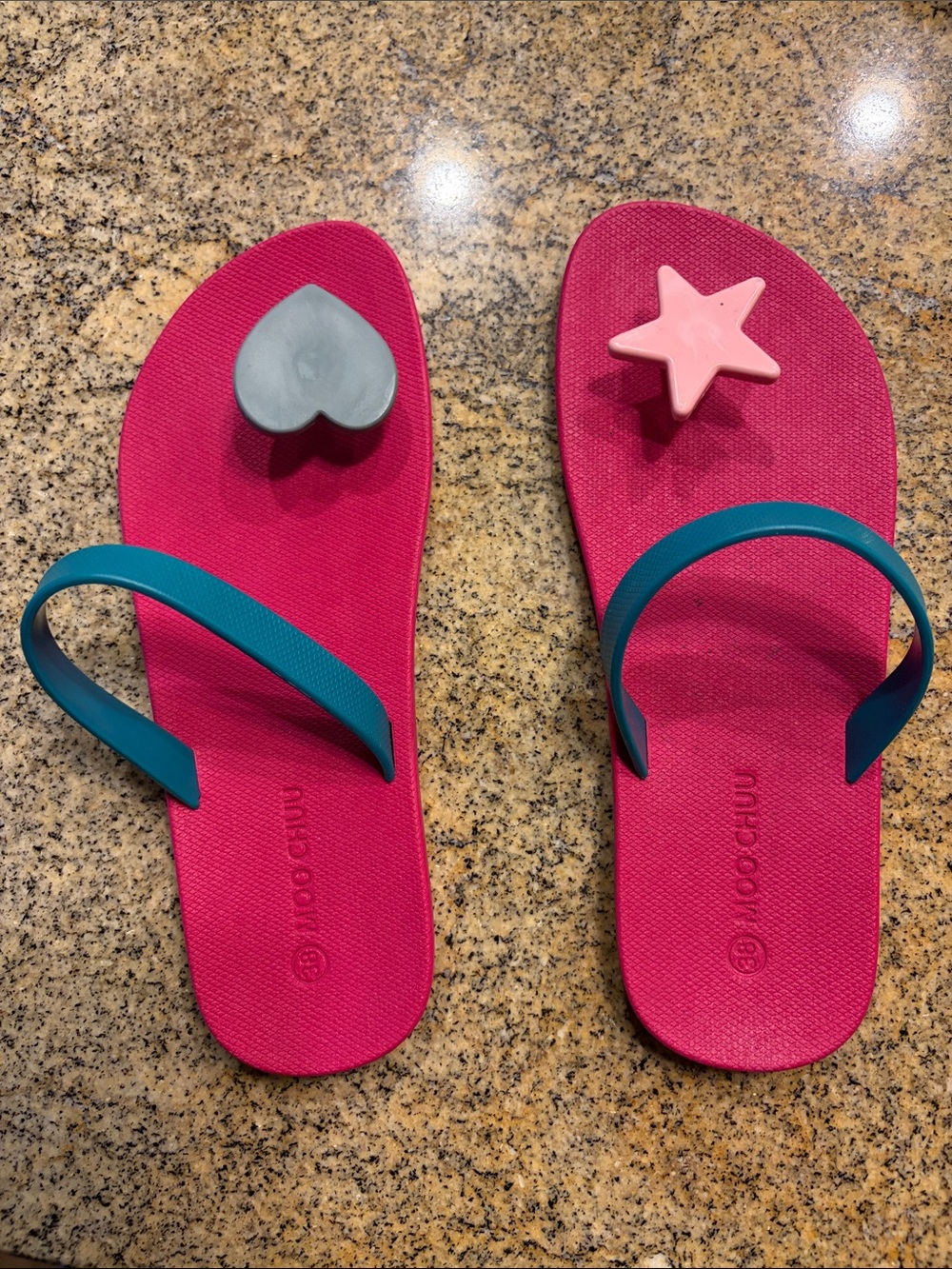Moo Chuu Flip Flop Sandals with Teal Straps and Charm Accents